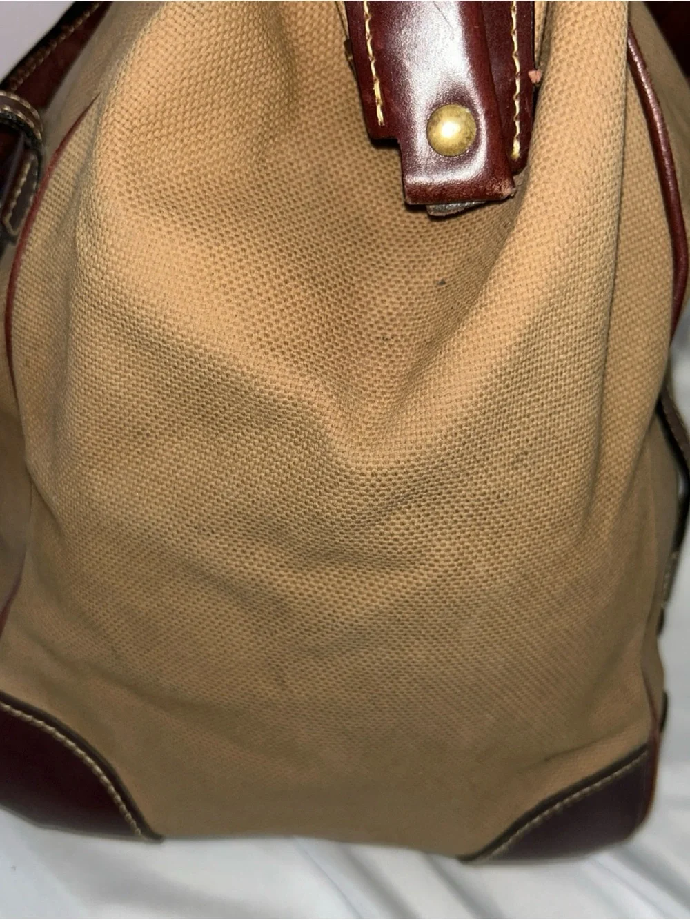 Mulholland Large Canvas Leather Duffle Weekender Bag Khaki Tan Vintage Lock READ